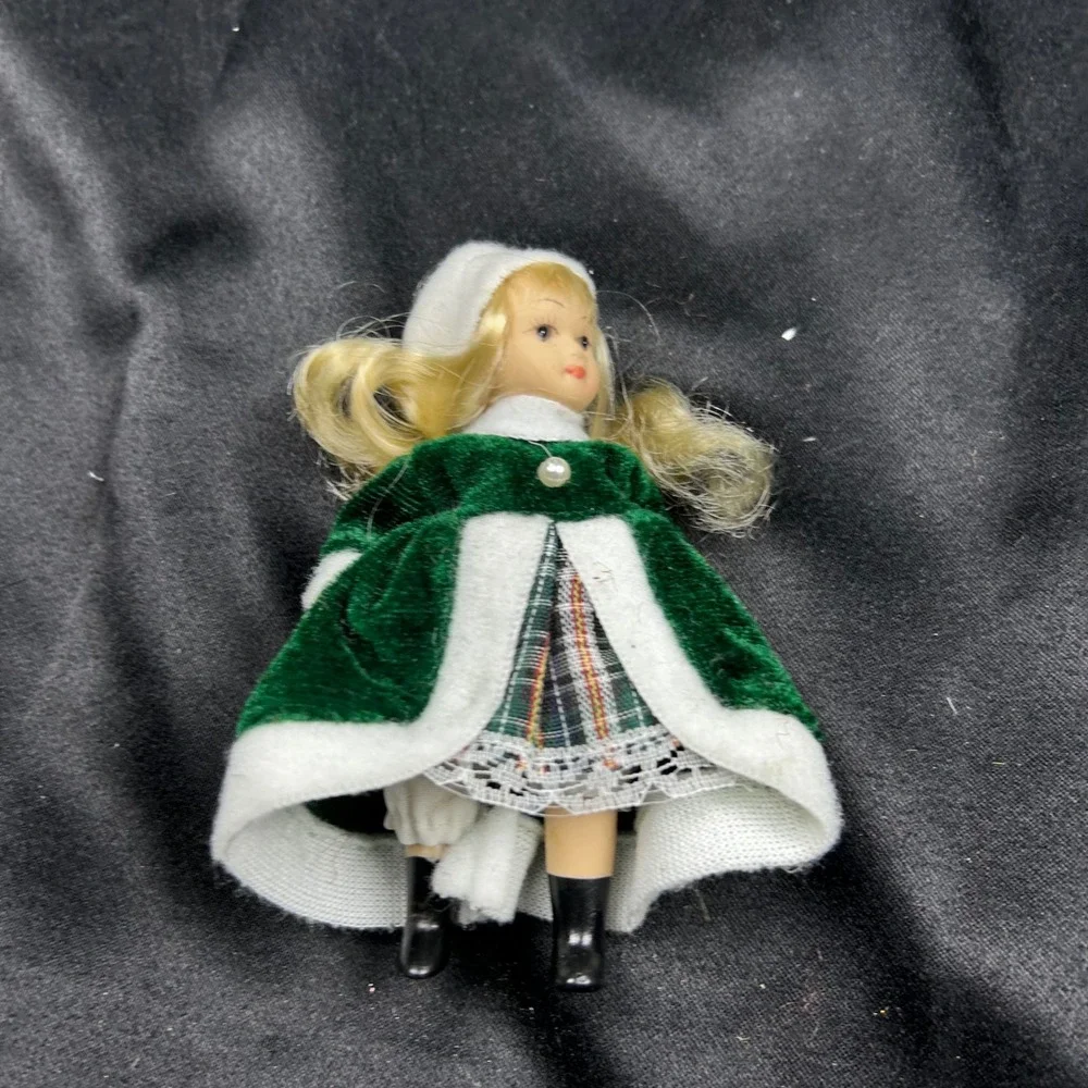 Vintage Miniature Porcelain Doll Green Velvet Winter Coat Blonde Pigtails 4 inch